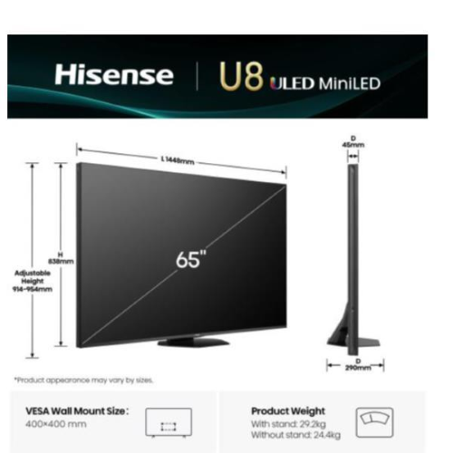 Hisense Smart TV ULED MiniLED 65? 4K 65U8Q, 165,1 cm (65?), 3840 x 2160 Pixel, ULED, Smart TV, Wi-Fi, Nero, Grigio